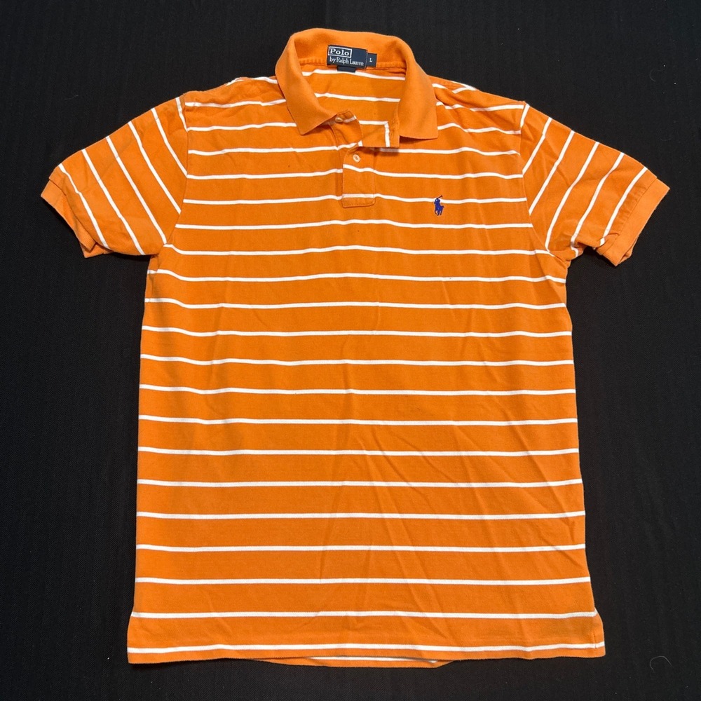 Polo Ralph Lauren Mens Large Orange White Striped Short Sleeve Polo Shirt